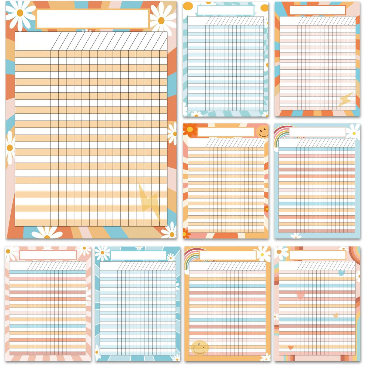 9 PCS Retro Groovy Classroom Charts Boho Classroom Incentive Chart Homework Data Charts Reward Chores Chart for Kids Behavior Learning Classroom School Attendance Homework Progress Tracking Pads