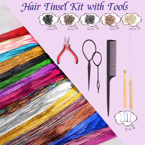 Hair Tinsel Kit with Tools, 16 Colours 3200 Strands Glitter Hair Extensions, 47 Inch Sparkling Shiny Hair Tinsel, Heat Resistant Fairy Hair Accessories for Women Girls Party Cosplay Hair Decor