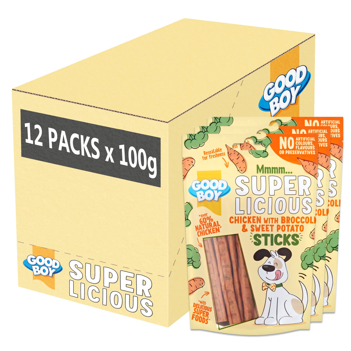Good Boy Superlicious - Chicken with Broccoli & Sweet Potato Sticks Dog Treats - Box of 12 x 100 g