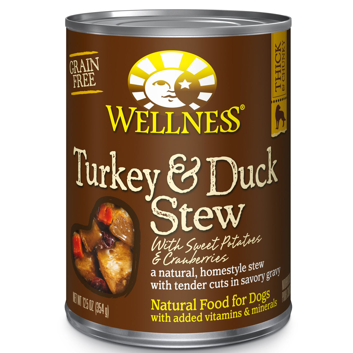 Wellness Thick & Chunky Natural Grain Free Canned Dog Food, Turkey & Duck Stew, 12.5-Ounce Can (Pack of 12)