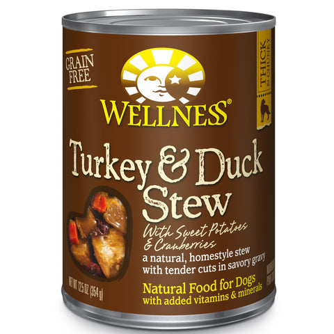 Wellness Thick & Chunky Natural Grain Free Canned Dog Food, Turkey & Duck Stew, 12.5-Ounce Can (Pack of 12)