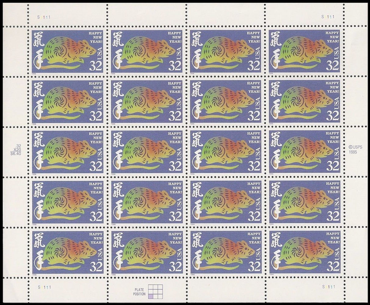 Year of the Rat: Lunar New Year, Full Sheet of 20 x 32-Cent Postage Stamps, USA 1996, Scott 3060
