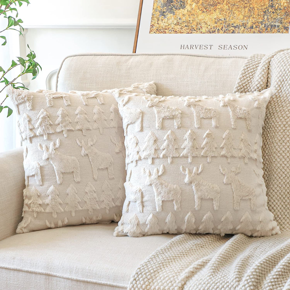 Artscope Set of 2 Xmas Soft Plush Short Wool Velvet Decorative Cushion Covers Square Luxury Style Throw Pillow Covers Pillow Shell for Sofa Bedroom Christmas Tree and Elk Cream Beige, 65x65cm