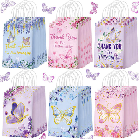 Outus 24 Pcs Butterfly Party Favors Butterfly Gift Bags Pink Purple Flowers Candy Treat Goodie Bags Thank You for Fluttering by Paper Bags with Handles for Girls Birthday Party Supplies Baby Shower