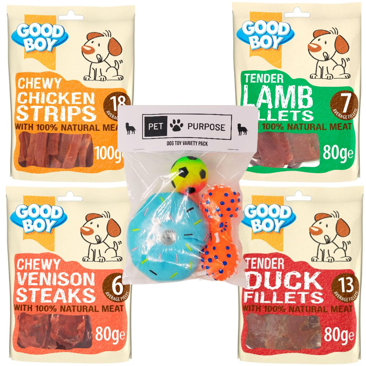 Good Boy Dog Treats Selection | Natural Chicken Strips, Lamb Fillets, Duck Fillets and Venison Steaks Dog Treats Good Boy | 1x Pet Purpose Dog Toy Pack
