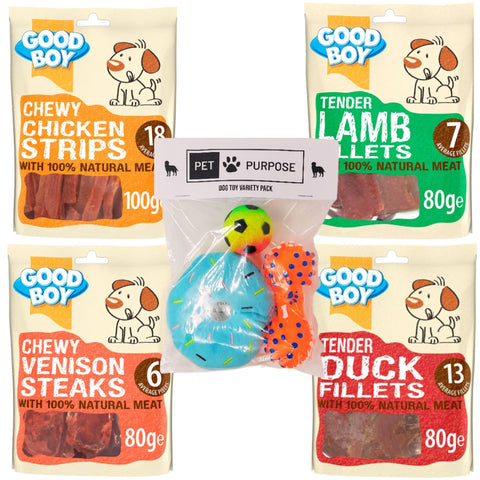 Good Boy Dog Treats Selection | Natural Chicken Strips, Lamb Fillets, Duck Fillets and Venison Steaks Dog Treats Good Boy | 1x Pet Purpose Dog Toy Pack