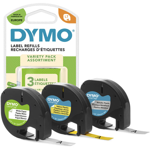 DYMO LetraTag Labels Starter Pack with Paper, Plastic and Metallic Labels | 12 mm x 4 m Rolls | Self-Adhesive | 3 Rolls | Authentic Label Tape for LetraTag Label Makers