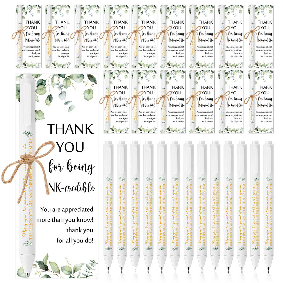 Fulmoon 50 Sets Employee Appreciation Gifts Bulk Includes Thank You May You Be Proud Sign Ballpoint Pens Green Leaves Greeting Cards with Twine for Teacher Office Staff Coworker Baby Shower Favors
