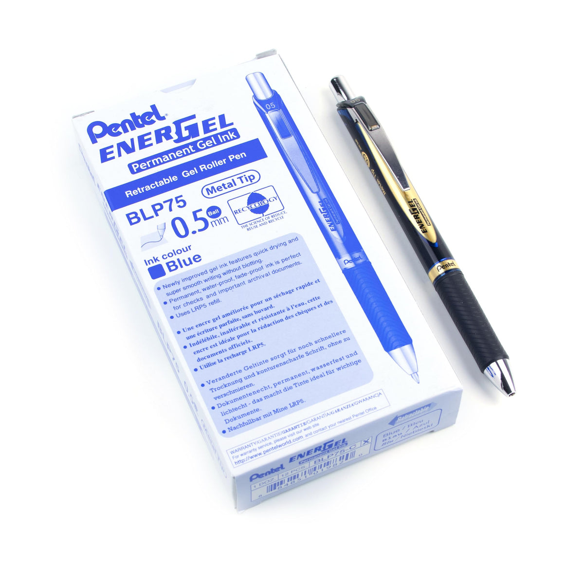 Pentel EnerGel Permanent Retractable Rollerball 0.5mm - Blue Ink - Pack of 12