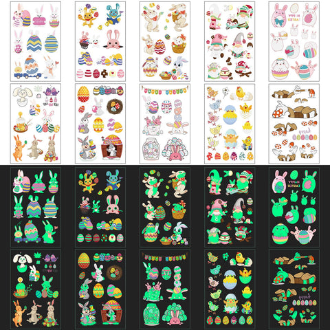 100Pcs Easter luminous temporary tattoos for kids,Glow in The Dark Easter Basket party Tattoos stickers, dwarf colored egg carrot rabbit egg facial makeup Tattoos, holiday party Supplies Favors Gifts