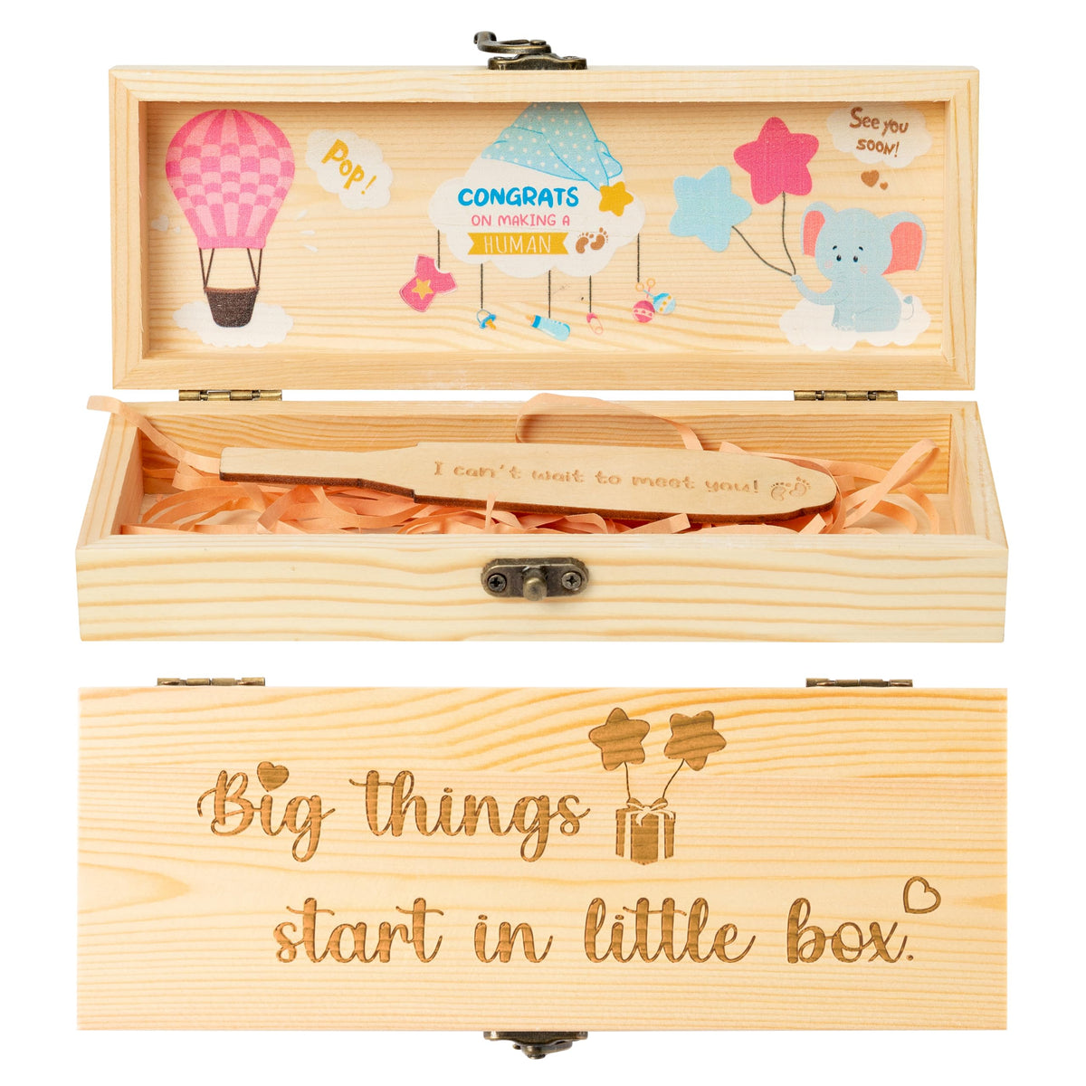 ANGOLIO 3PCS Pregnancy Test Keepsake Box, Cute Elephant Surprise Pregnancy Announcements for Dad Grandparents Husband Aunt Boyfriend Wooden Baby Memory Box Funny Baby Ideas Gift Reveal Box with Raffia