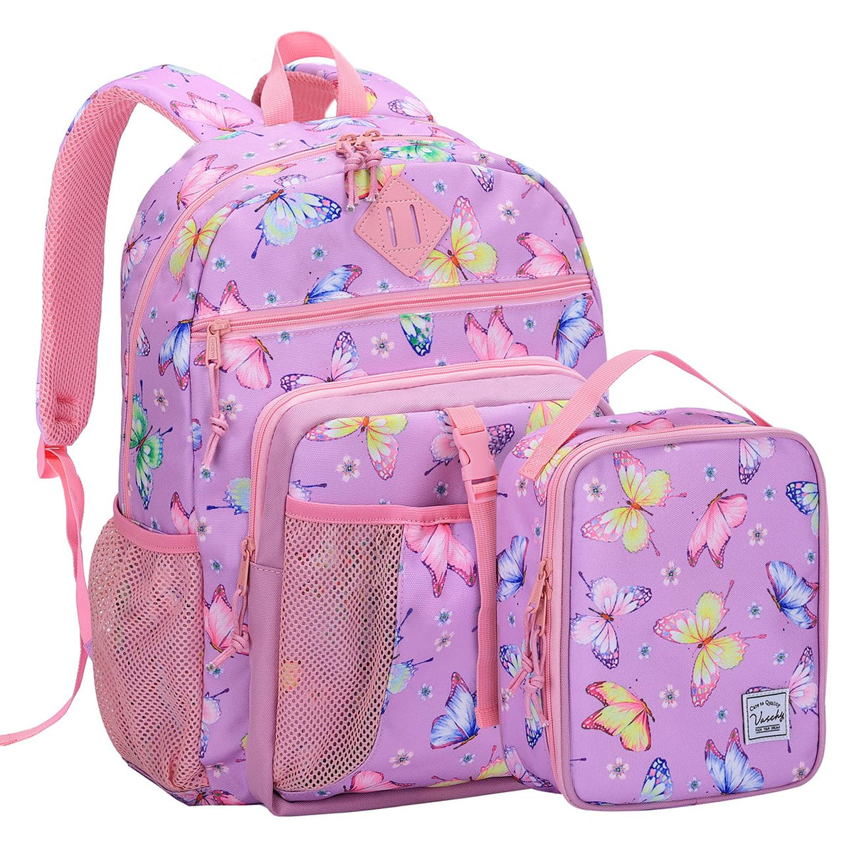 VASCHY Girls Backpack, School Bag Lunch Bag Set for Kids 2-1 Rucksack Bookbag Insulated Lunch Box for Toddlers,Preschool,Daycare,Kindergarten,Elementary School(Butterfly)