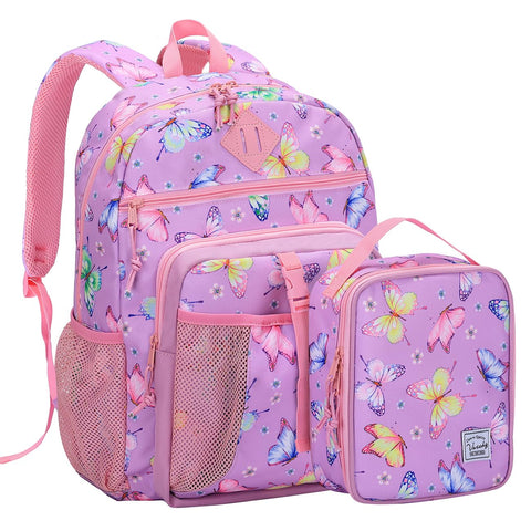 VASCHY Girls Backpack, School Bag Lunch Bag Set for Kids 2-1 Rucksack Bookbag Insulated Lunch Box for Toddlers,Preschool,Daycare,Kindergarten,Elementary School(Butterfly)