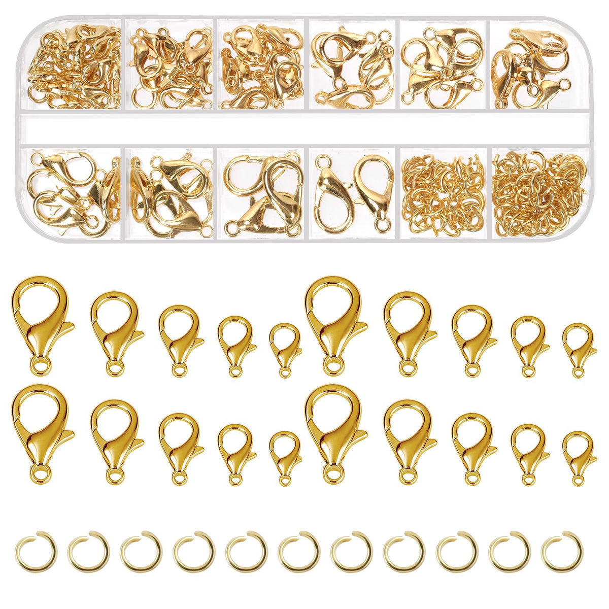 Mardatt 170Pcs 5 Sizes Gold Lobster Claw Clasps with Open Jump Rings Set, 10mm 12mm 14mm 16mm 18mm Jewelry Clasps Lobster Claw Clasps Small Lobster Claw Clasps for DIY Bracelet Necklace