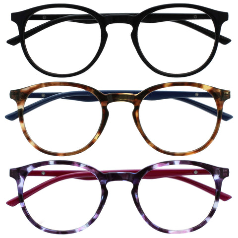 OPULIZE Met - Reading Glasses with Blue Light Blocking 3 Pack Slim Round Frame Scratch Resistant Spring Hinges Improve Sleep Computer Gaming Anti-Reflective Black Brown Purple Mens Womens +1.50