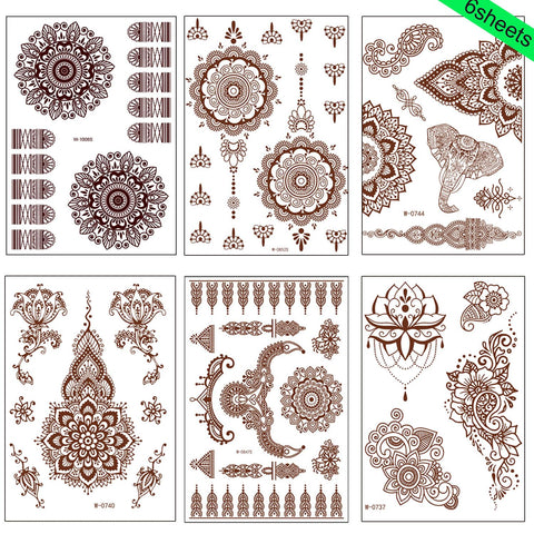 ?enna Tattoo Stickers Brown Flower Lace Waterproof Temporary Tattoo Stickers Indian Diwali Festival Stickers for Birthday Party Decoration 6sheets