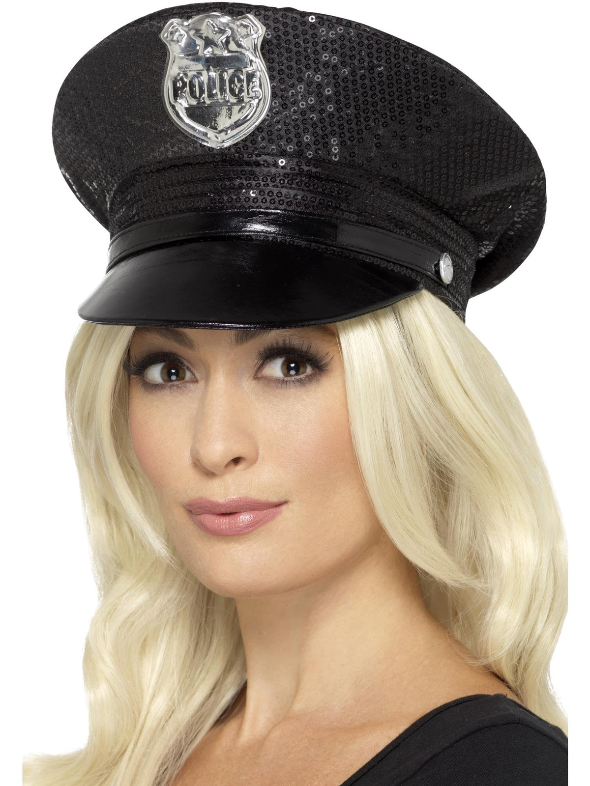 Smiffys Fever Sequin Police Hat, Black , Fever Accessories Fancy Dress, Cops and Robbers Dress Up Hats