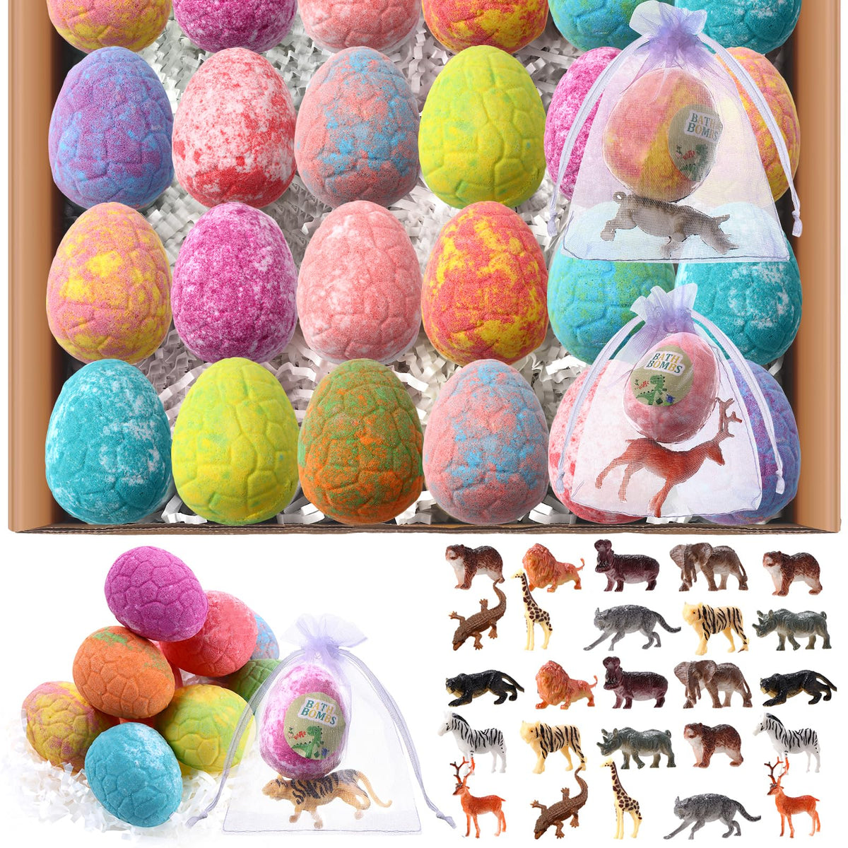 Maxcheck 24 Set Easter Egg Bath Bomb with Surprise Inside and Individually Wrapped for Kids Organza Bag Easter Egg for Boys Girls Party Gift(Wild Animals)