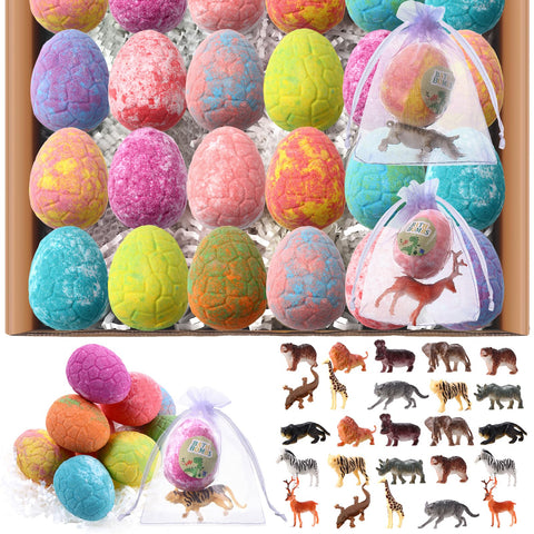 Maxcheck 24 Set Easter Egg Bath Bomb with Surprise Inside and Individually Wrapped for Kids Organza Bag Easter Egg for Boys Girls Party Gift(Wild Animals)