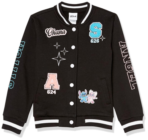 Disney Girls' Lilo & Stitch & Angel Fleece Button Up Varsity Bomber Jacket Toddler to Big Kid, Black