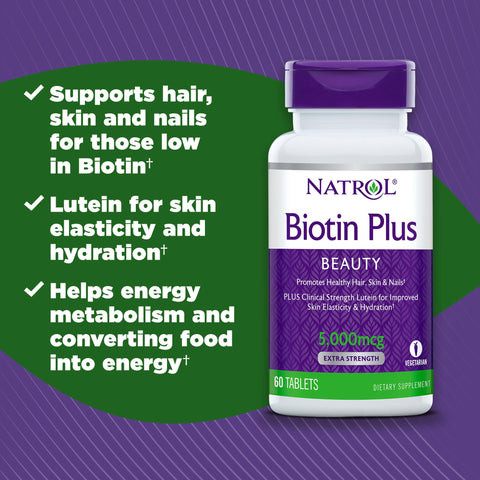 Natrol Biotin Beauty Plus Lutein Tablets, Supplement Promotes Healthy Hair, Skin and Nails, Improves Skin Elasticity and Hydration, Extra Strength 5,000 mcg, 60 Count