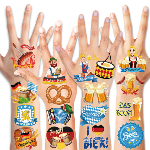 HOWAF Oktoberfest Temporary Tattoos, 72 pieces Oktoberfest Fake Tattoos for Kids, Waterproof Tattoos Stickers for Beer Festival Supplies, Bavaria Flag Themed Body Tattoos for Octoberfest Party Favors