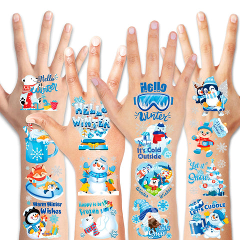HOWAF 96Ppcs Snowflake Temporary Tattoo Stickers, Hello Winter Temporary Tattoos for Winter Wonderland Christmas Decorations, Let It Snow Face Tattoos for Winter Themed Baby Shower Wedding Supplies