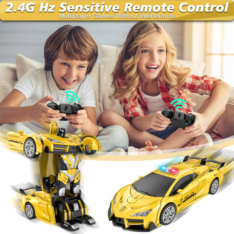 LNNKINE Remote Control Car, Transform Robot RC Cars, 2.4Ghz Transforming Police Car Toy with LED Light, One-Button Deformation & Rotating Drifting, Toys for 5+ Year Boys/Girls