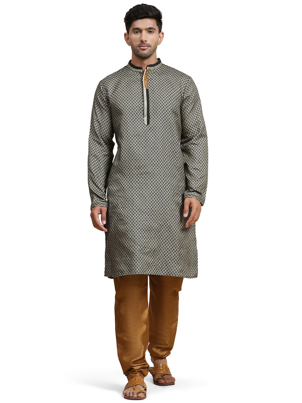 SKAVIJ Men's Brocade Silk Embroidered Kurta Pajama Set Thread Work Festive Party Ethnic Dress (KP057black_Black_XL)