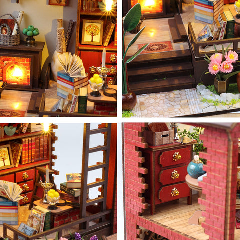 Funle Book Nook Kit, 3D Wooden Miniature Miniature Dollhouse kit Crafts for Adults, Tiny House Kit to Live in with LED Lights