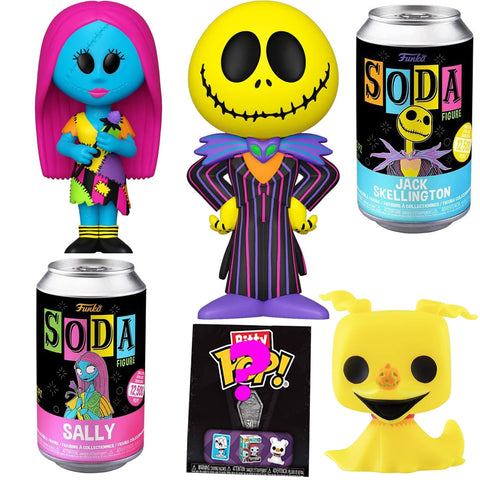 Funko Bright Nightmare Before Christmas Pop! Mini Figures Bundled with Blacklight Jack Skellington + Zero + Sally + Blind Bag Adorables 4 Items