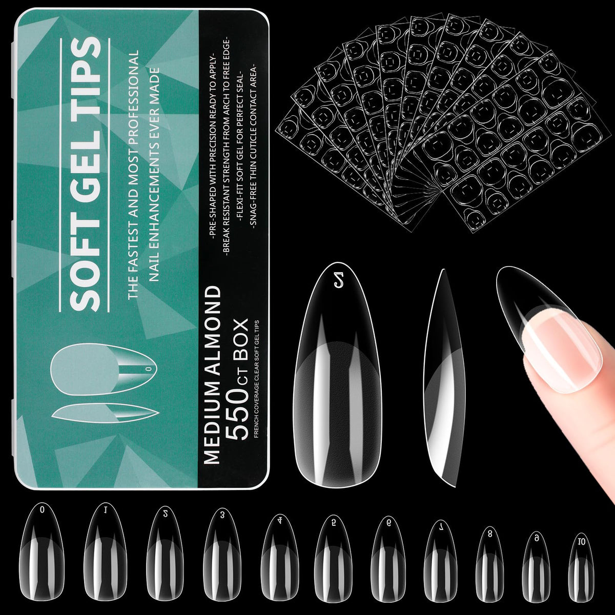 Alyvisun Almond Nail Tips, 550 Pcs Clear False Nails with 240 Pcs Soft Gel Nail Stickers Set, 11 Sizes Acrylic Fake Nails Full Cover Half Matte Nail Kit for Press on Nails Extensions