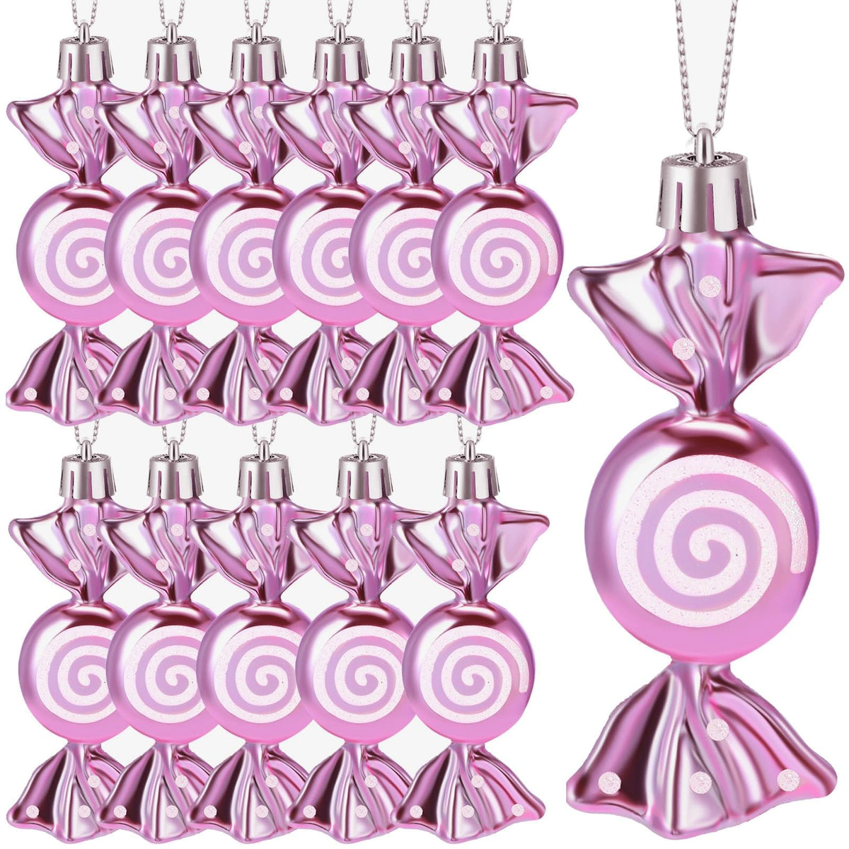 Threan 12 Pieces Christmas Candy Ornaments Hanging Glitter Candy Cane Ornaments Christmas Tree Candy Peppermint Ornaments with Golden Ropes for Xmas Halloween Party Decorations(Pink)