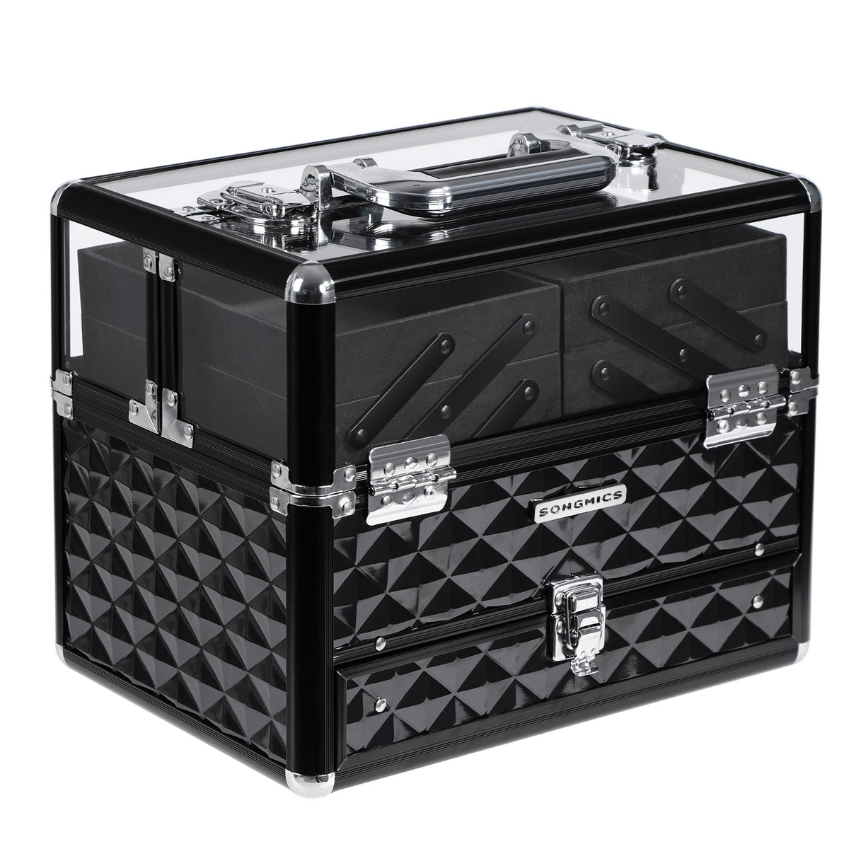 SONGMICS Deluxe Makeup Case, Beauty Cosmetic, Vanity Organiser, for Professional Artist Use, Train Case with Transparent Acrylic Lid and Pull-Out Tray, Black JBC318B