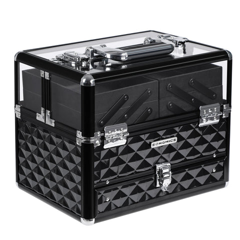 SONGMICS Deluxe Makeup Case, Beauty Cosmetic, Vanity Organiser, for Professional Artist Use, Train Case with Transparent Acrylic Lid and Pull-Out Tray, Black JBC318B