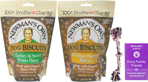 Newman's Own Crunchy Dog Treats Made with Organic Barley Flour 2 Flavor Bundle - (1) Each: Turkey Sweet Potato, Peanut Butter (10 Ounces) - Plus Rope Toy and Fun Animal Facts Booklet Bundle