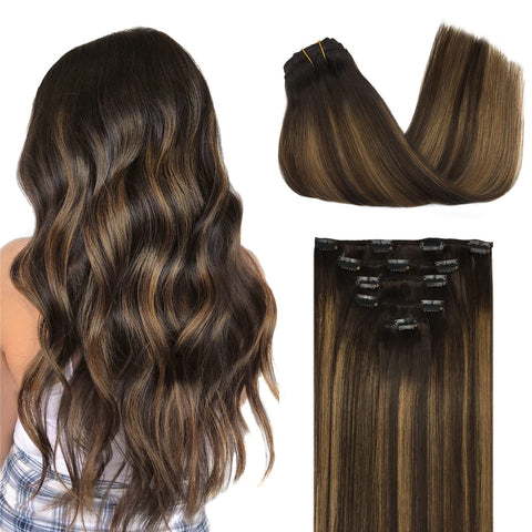 DOORES Clip in Hair Extensions Human Hair, 5pcs 80g Balayage Dark Brown to Chestnut Brown 20 Inch Hair Extensions Clip in Human Hair Straight