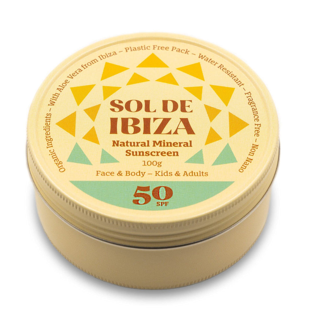 Sol de Ibiza Plastic Free - Face & Body Natural Mineral Sunscreen SPF50 - Waterless Solid Sunscreen - Natural ingredients - Non Nano zinc oxide - Vegan - Sports - Adults & Kids - 100g