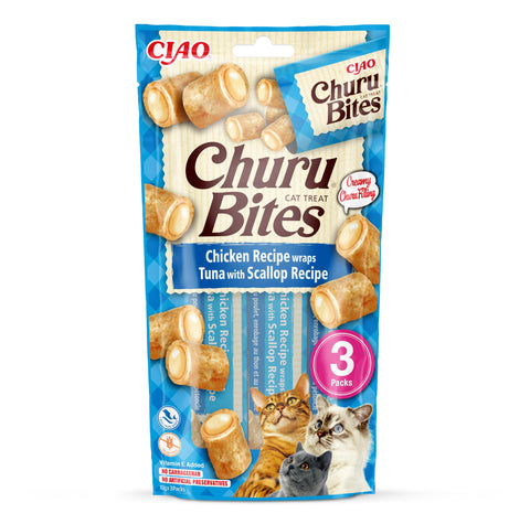 Ciao Churu Bites by INABA Cat Treat - Chicken, Tuna & Scallop Flavour (3 x 10g) / Crispy Pouches with Creamy Filling, Delicious & Healthy Snack for Cats, Hand Feeding, Natural, Grain Free