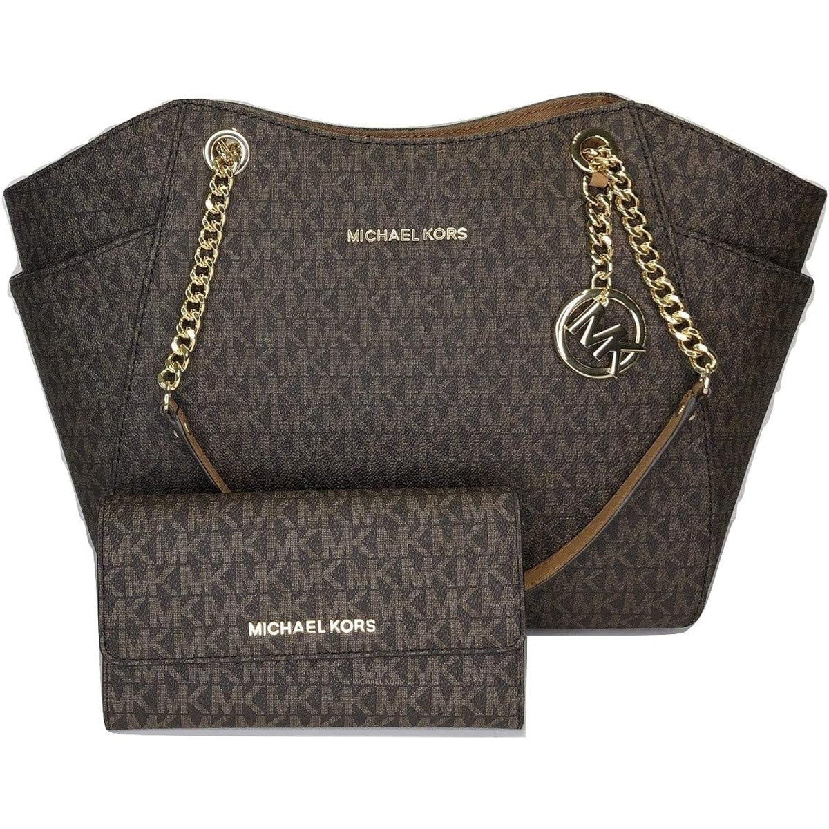 Michael Kors Jet Set Travel Large Chain Shoulder Tote bundled with Trifold Wallet (Brown)