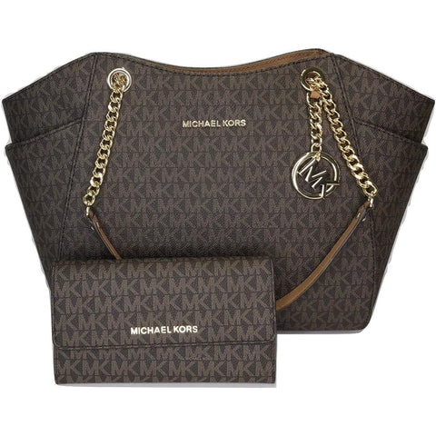 Michael Kors Jet Set Travel Large Chain Shoulder Tote bundled with Trifold Wallet (Brown)