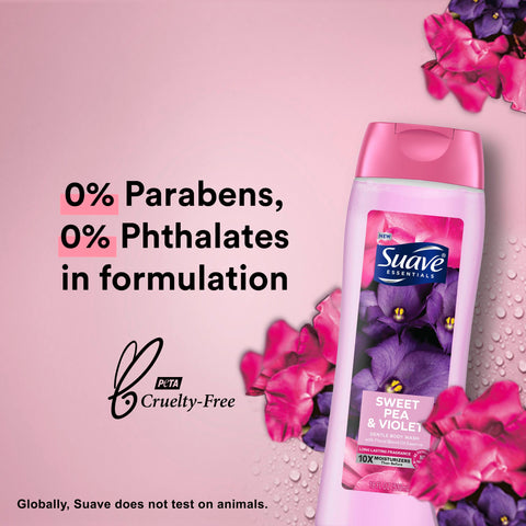 Suave Body Wash Variety 2-Pack, Sweet Pea & Violet + Wild Cherry Blossom - Gentle Body Washes with Floral Blend Oil Essence, 18 Oz Ea