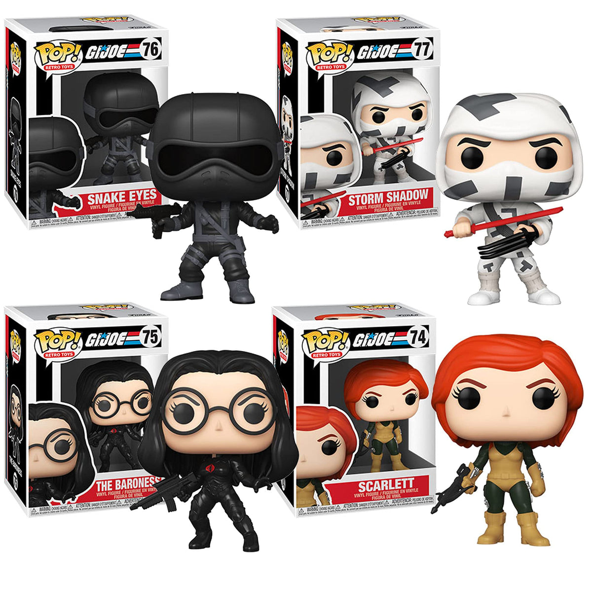 Funko Pop! G.I. Joe Retro Toys Set of 4: Scarlett, The Baroness, Snake Eyes and Storm Shadow