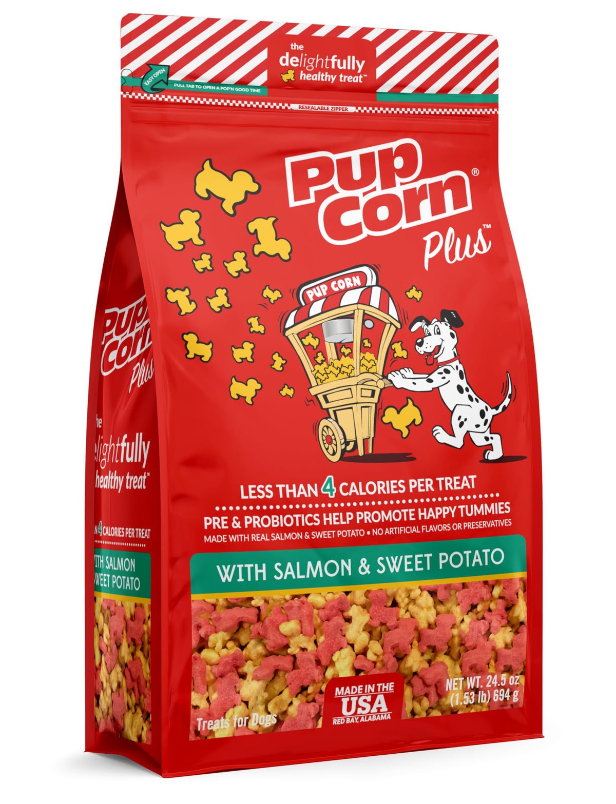Pup Corn Plus - Puffed Dog Treats with Prebiotics and Probiotics - Salmon & Sweet Potato (24oz) - Made in USA