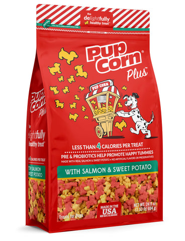 Pup Corn Plus - Puffed Dog Treats with Prebiotics and Probiotics - Salmon & Sweet Potato (24oz) - Made in USA