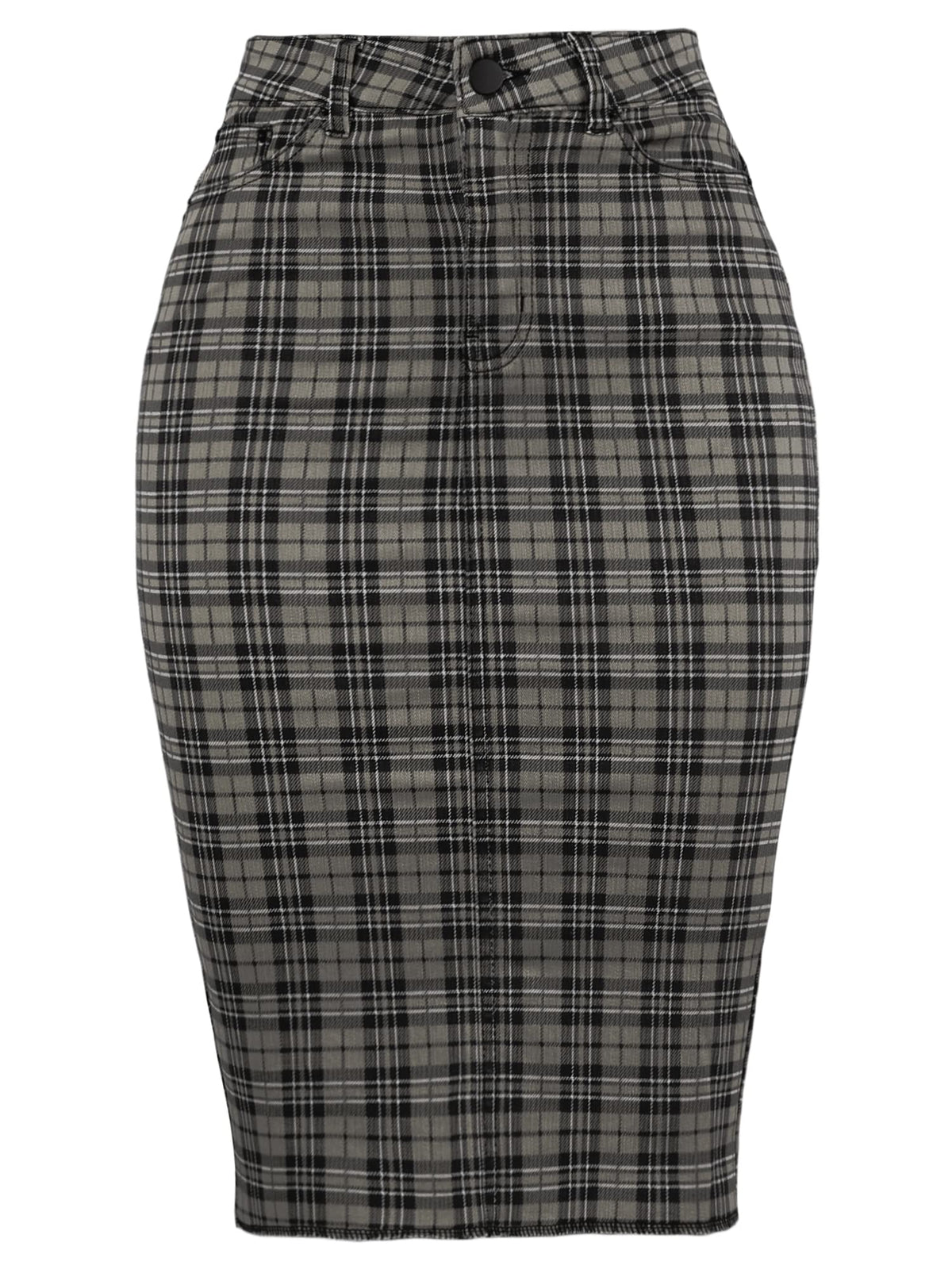 A2Y Slim Fit Rayon Knee Length Back Slit Denim Jean Pencil Skirt Olive Plaid Check S