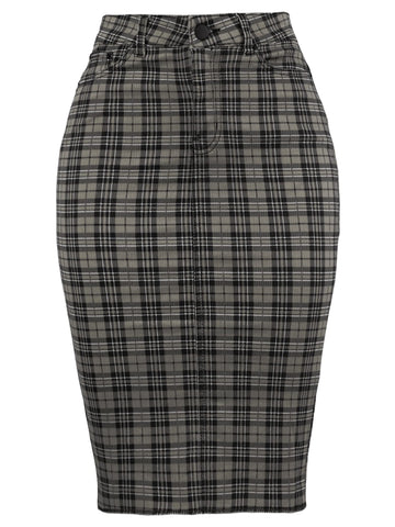 A2Y Slim Fit Rayon Knee Length Back Slit Denim Jean Pencil Skirt Olive Plaid Check S