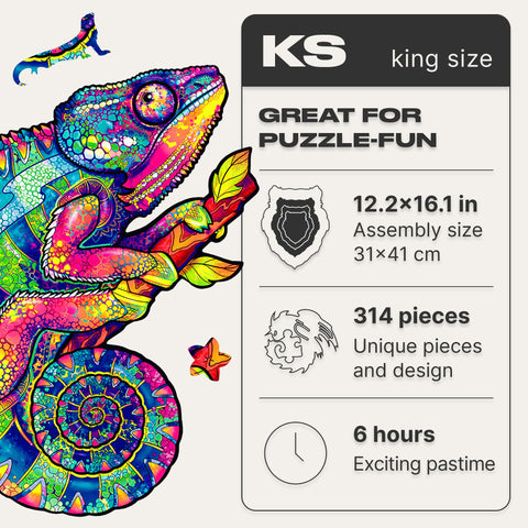 UNIDRAGON Original Wooden Jigsaw Puzzles - Iridescent Chameleon, 314 pcs, King Size 12.2"x16.1", Beautiful Gift Package, Unique Shape Best Gift for Adults and Kids