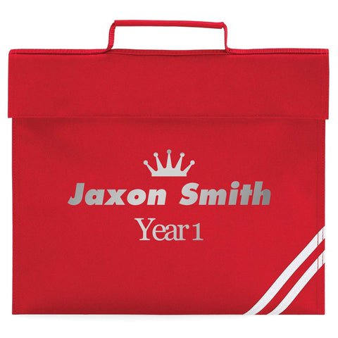 Purple Print House Boys Silver Crown Bookbag - Book Bag School Back to School Personalised for School Girl - Book Bag Glitter New Term Library Homework, Classic Red