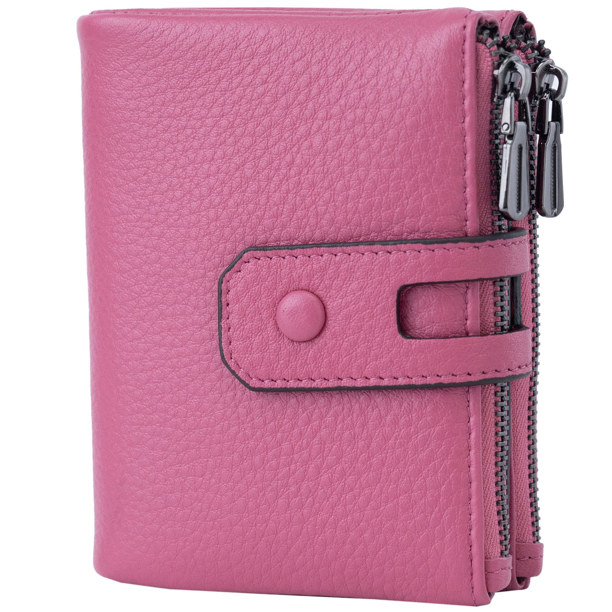 Bveyzi Small Soft Leather Wallet for Women RFID Blocking Ladies Card Holder with Double Zipper Pocket, Dark Pink, S